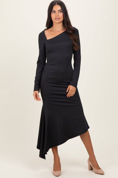 Black Asymmetric Hem Midi Dress