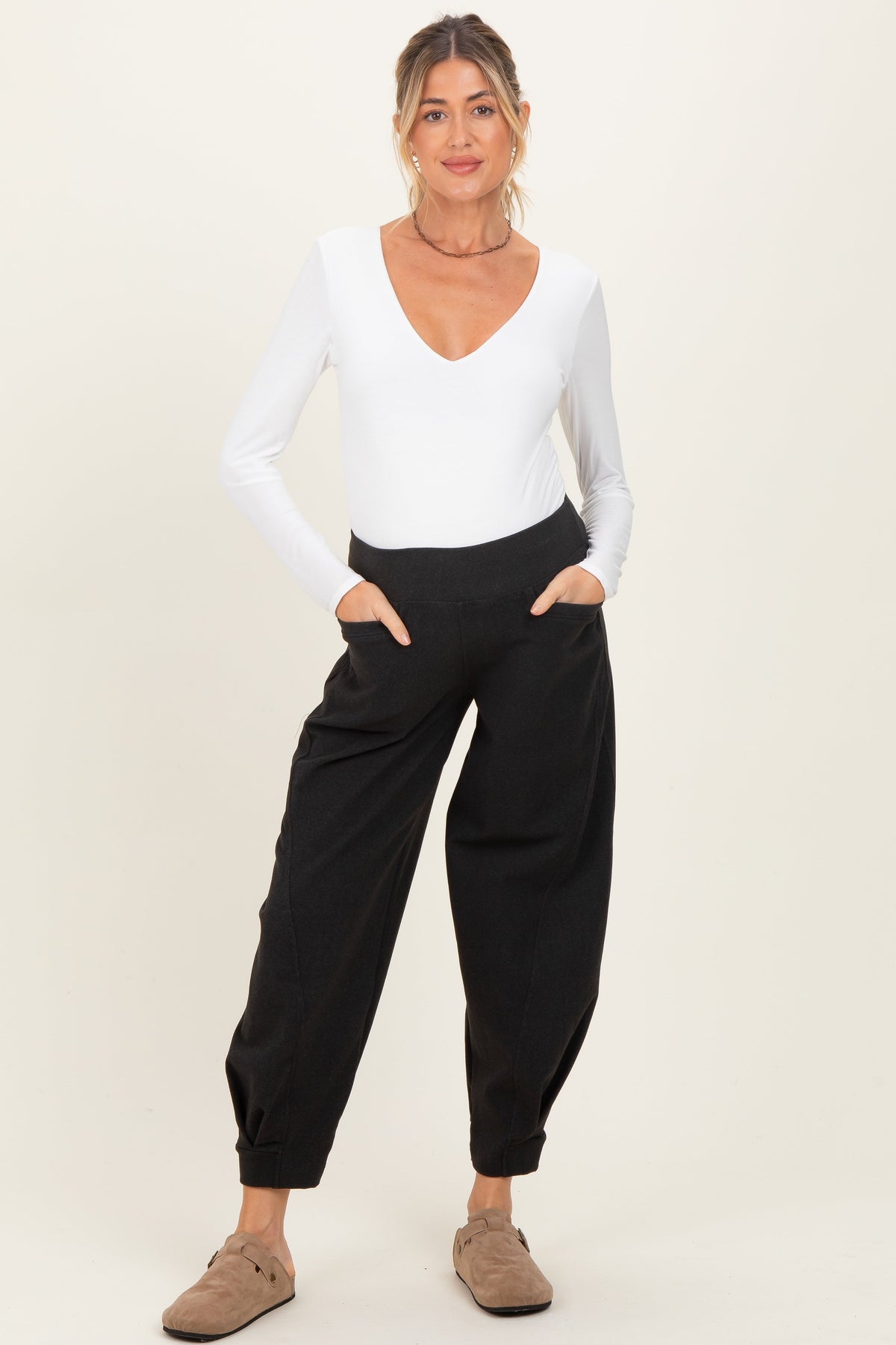 Black Brushed Knit Barrel Leg Maternity Joggers
