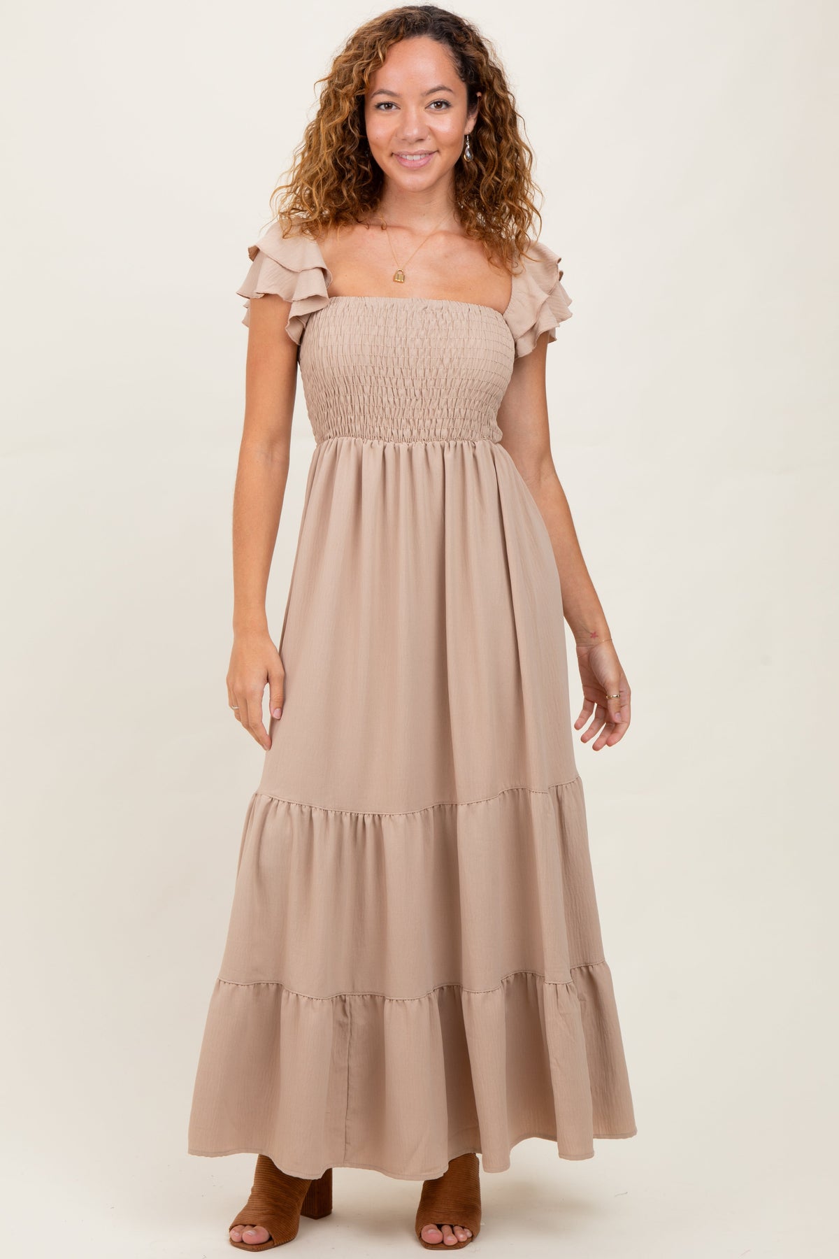 Beige Smocked Ruffle Off Shoulder Tiered Maxi Dress