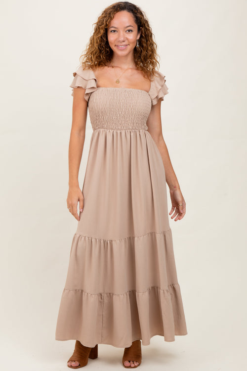 Beige Smocked Ruffle Off Shoulder Tiered Maxi Dress