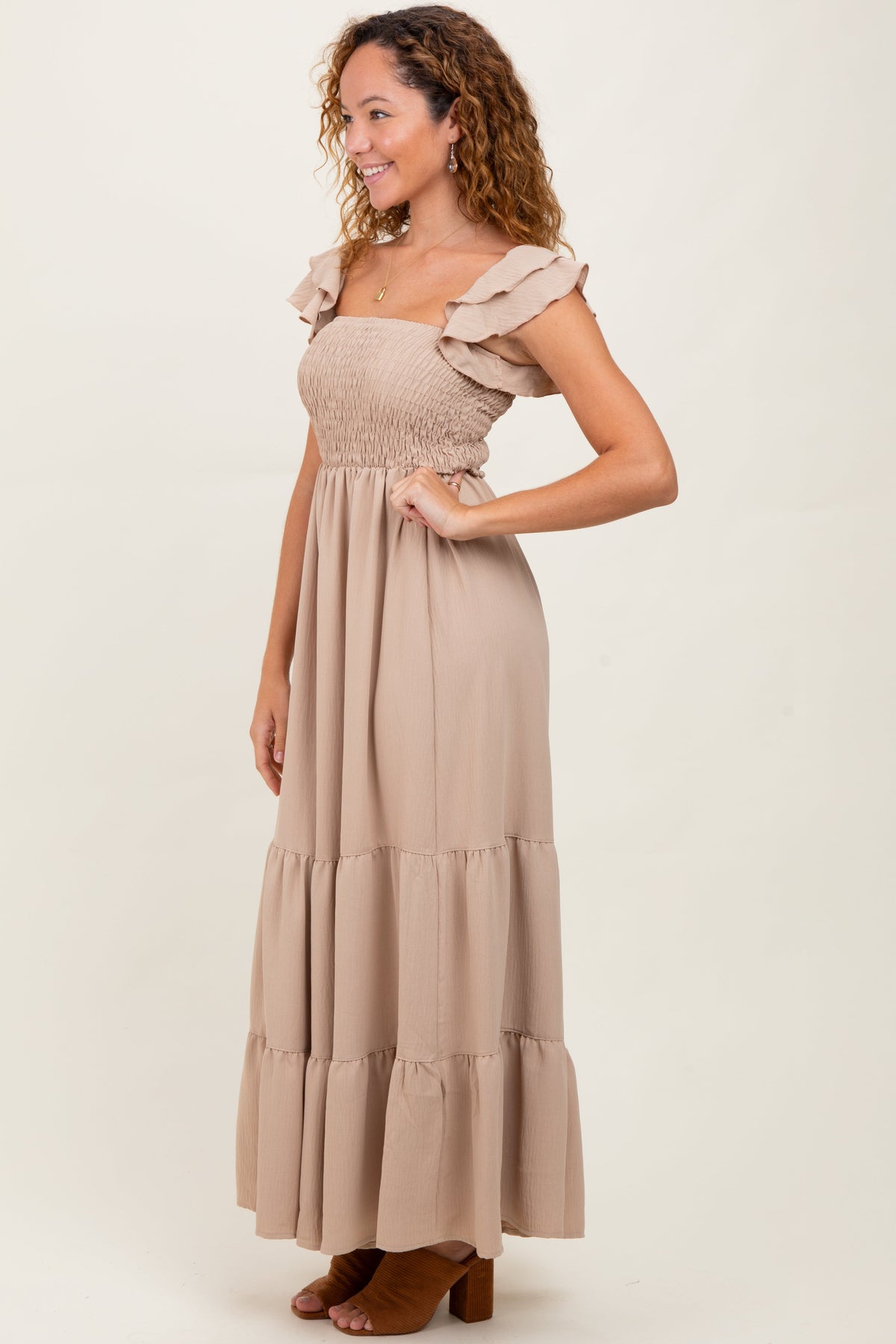 Beige Smocked Ruffle Off Shoulder Tiered Maxi Dress