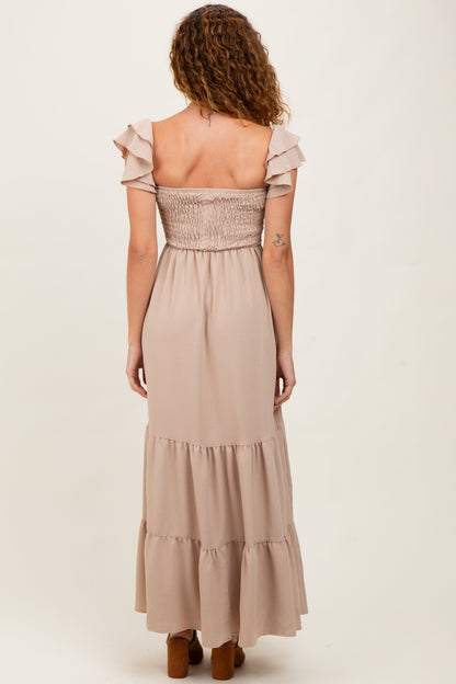 Beige Smocked Ruffle Off Shoulder Tiered Maxi Dress