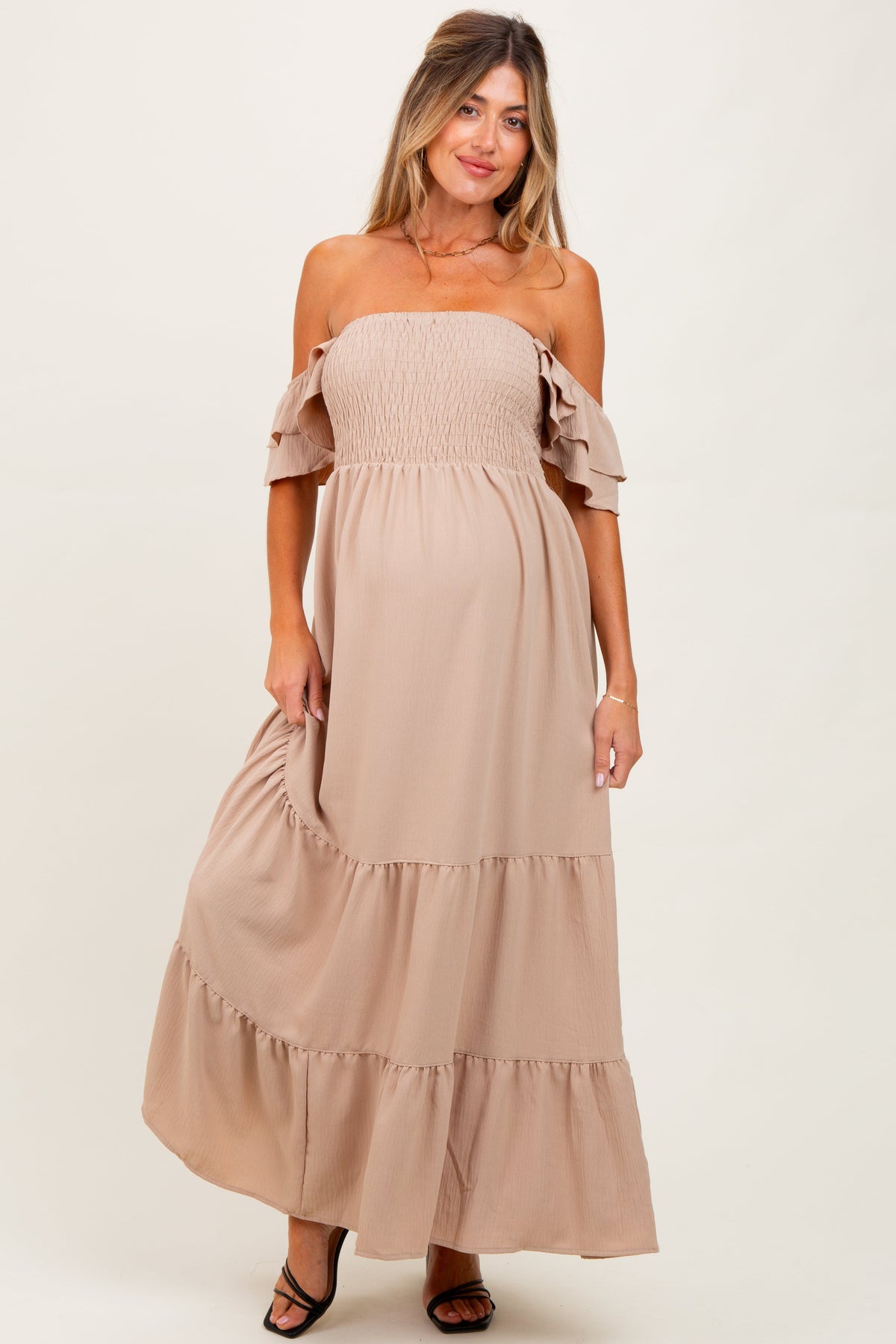 Beige Smocked Ruffle Off Shoulder Tiered Maternity Maxi Dress