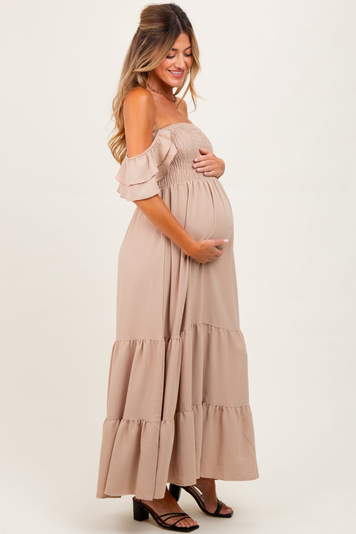 Beige Smocked Ruffle Off Shoulder Tiered Maternity Maxi Dress