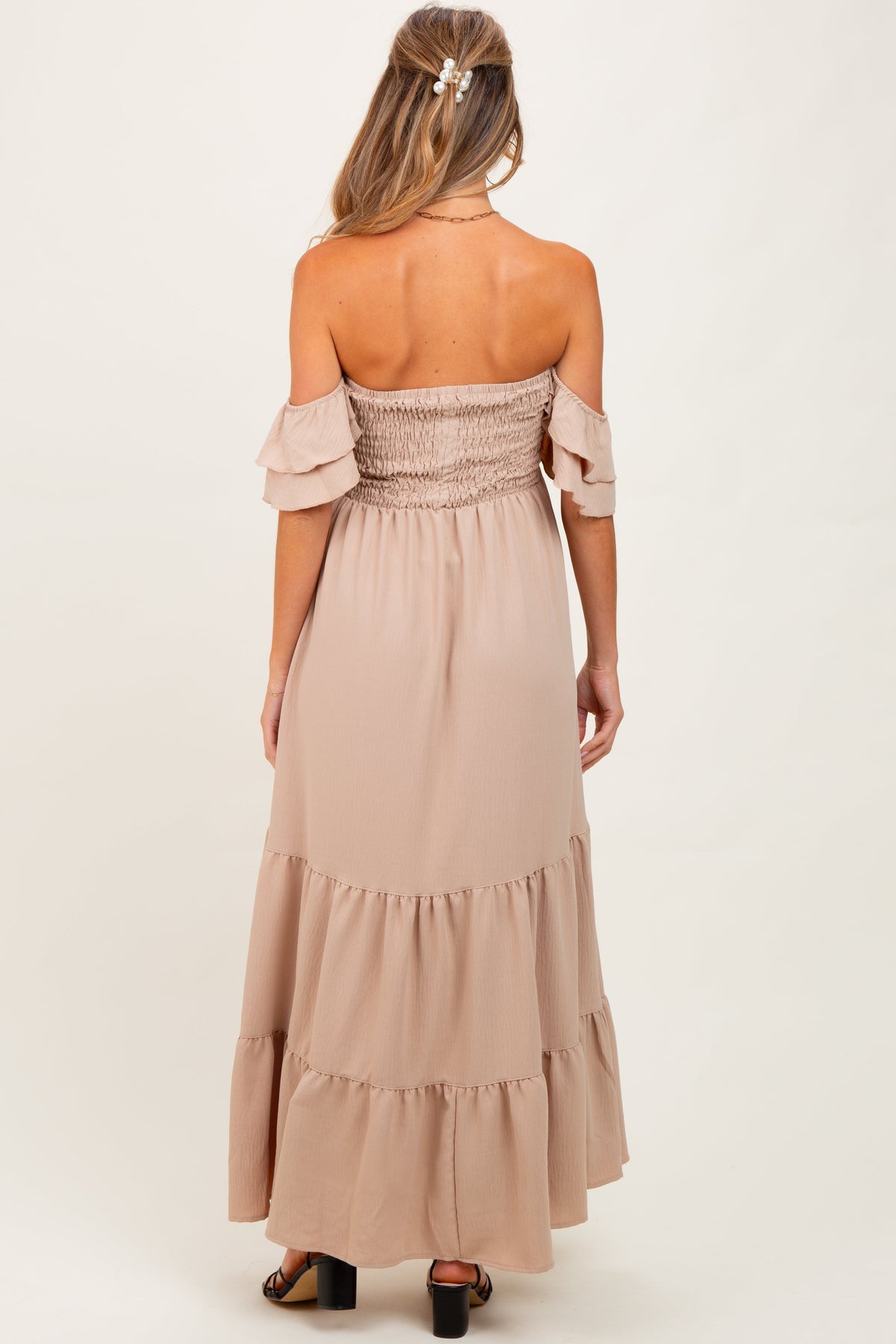 Beige Smocked Ruffle Off Shoulder Tiered Maternity Maxi Dress