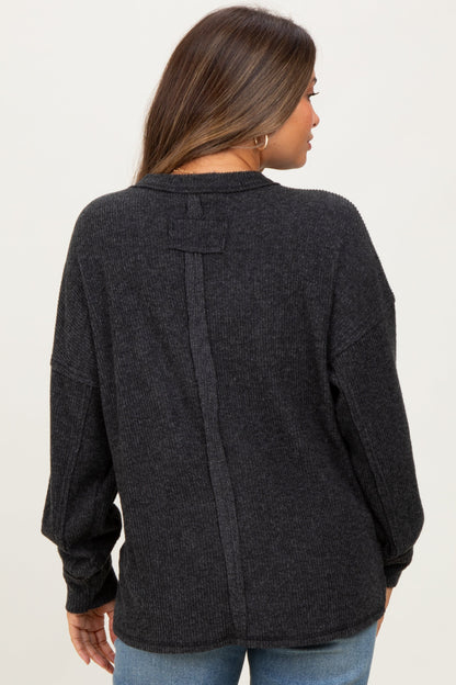 Black Brushed Ribbed Knit Maternity Pullover