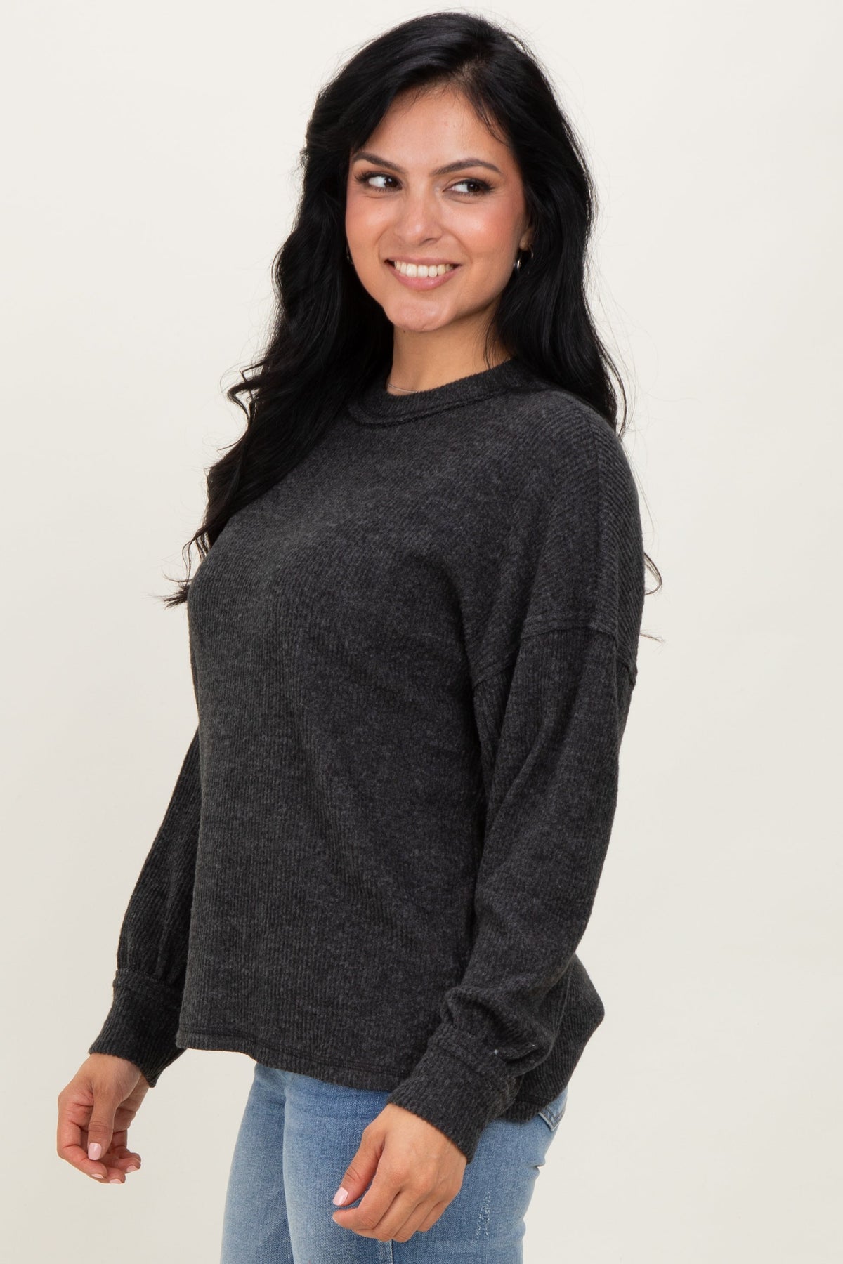 Black Brushed Ribbed Knit Pullover