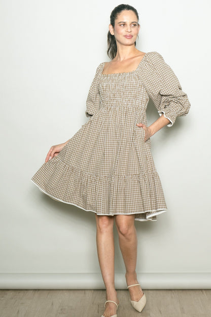 Beige Vintage Checked Plaid Square-Neck Dress