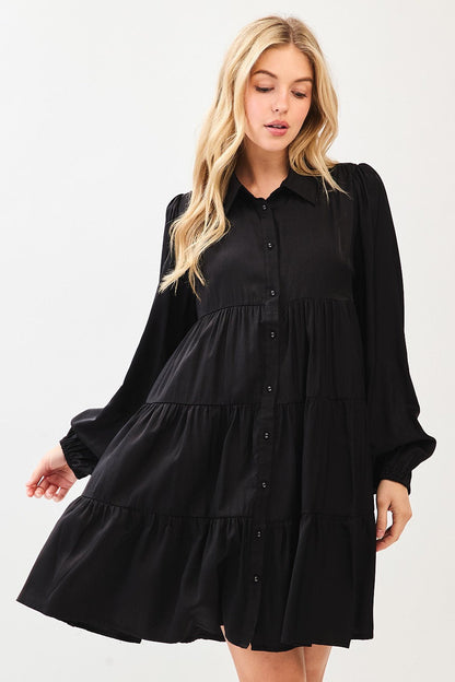Black Balloon Sleeve Tiered Shirt Dress