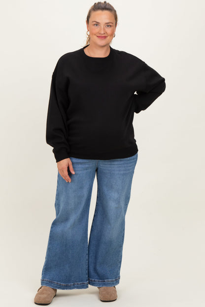 Black Basic Fleece Crewneck Maternity Sweatshirt