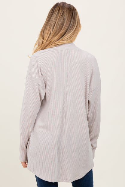 Beige Solid Ribbed Long Sleeve Open Front Pocket Maternity Cardigan
