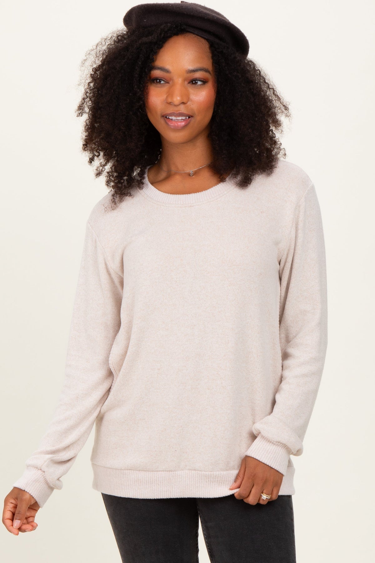 Beige V-Neck Double Layer Nursing Pullover Top
