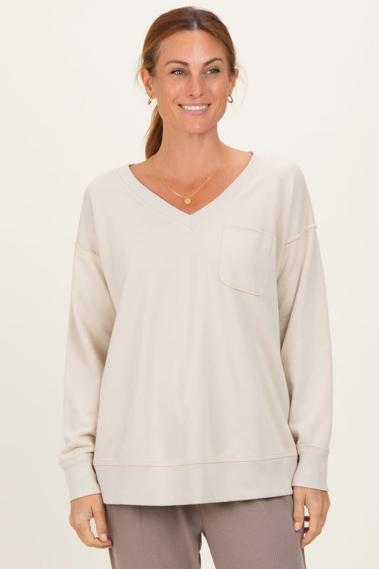 Beige V-Neck Long Sleeve Pullover Top