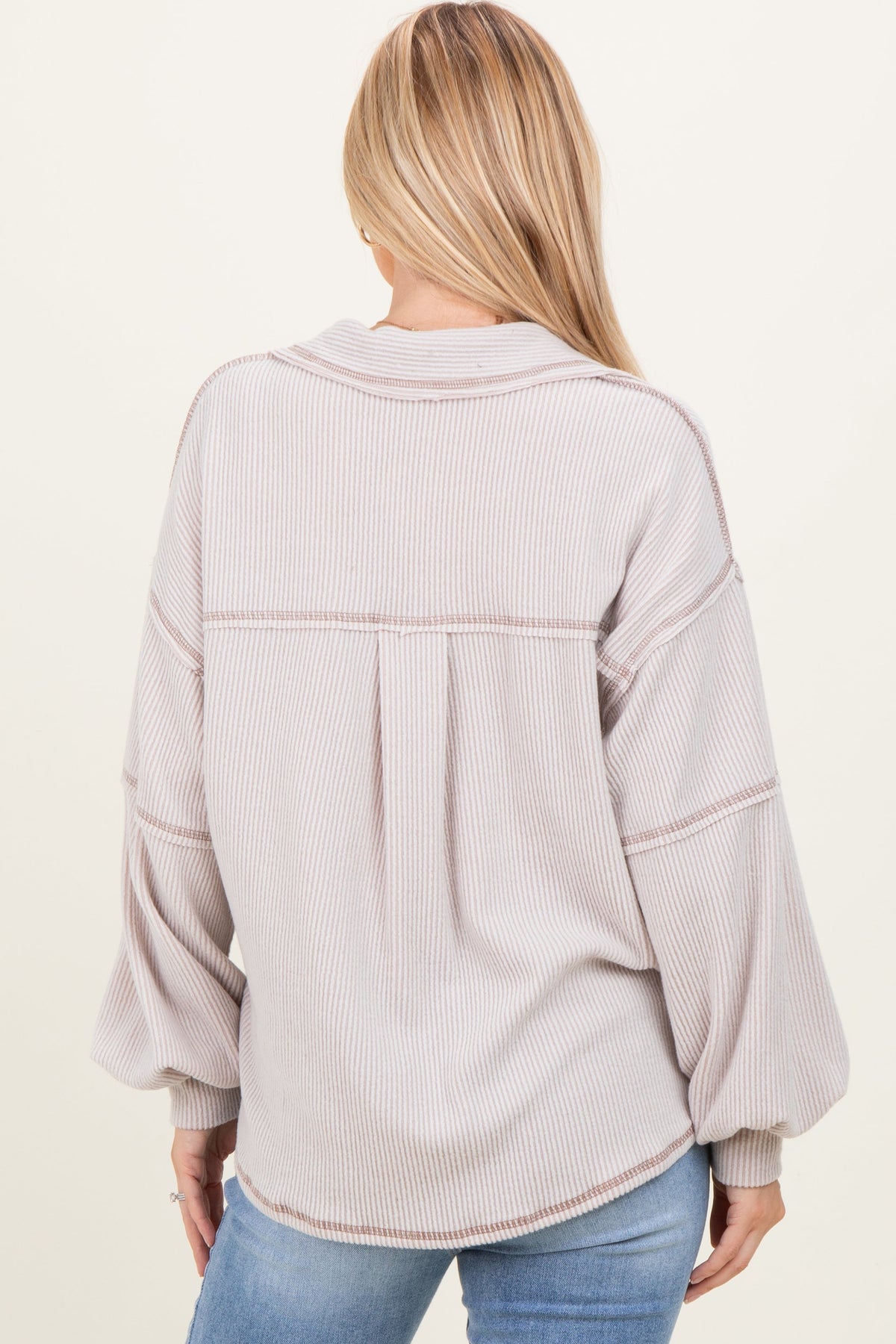 Beige Solid Ribbed Long Sleeve Pocketed Collared V-Neck Top