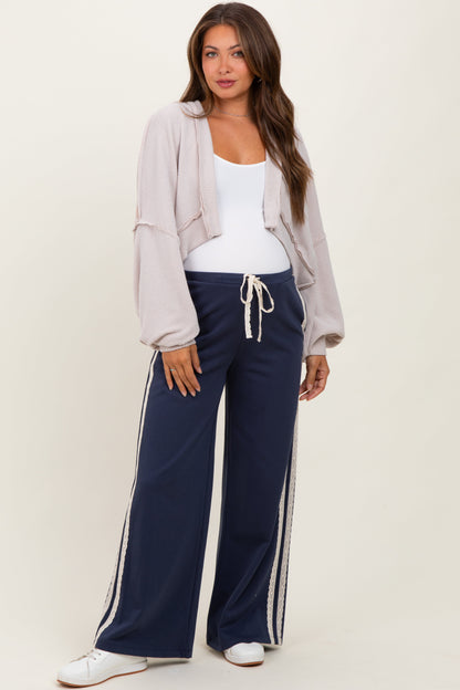 Beige Solid Ribbed Long Sleeve Cropped Maternity Cardigan