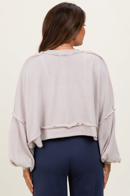 Beige Solid Ribbed Long Sleeve Cropped Maternity Cardigan
