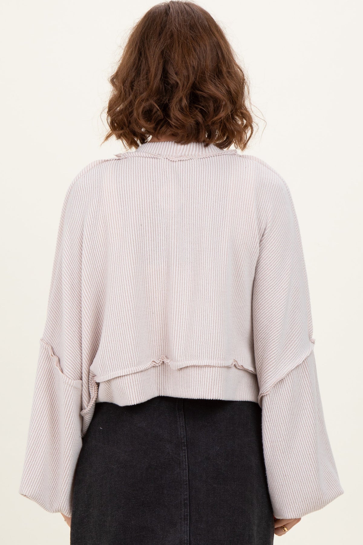 Beige Solid Ribbed Long Sleeve Cropped Cardigan
