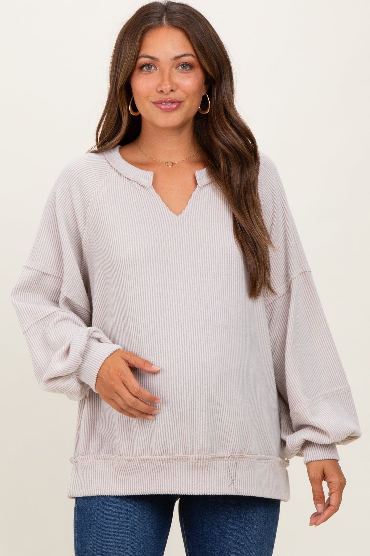Beige Solid Rib Long Sleeve V-Neck Oversized Maternity Tunic Top