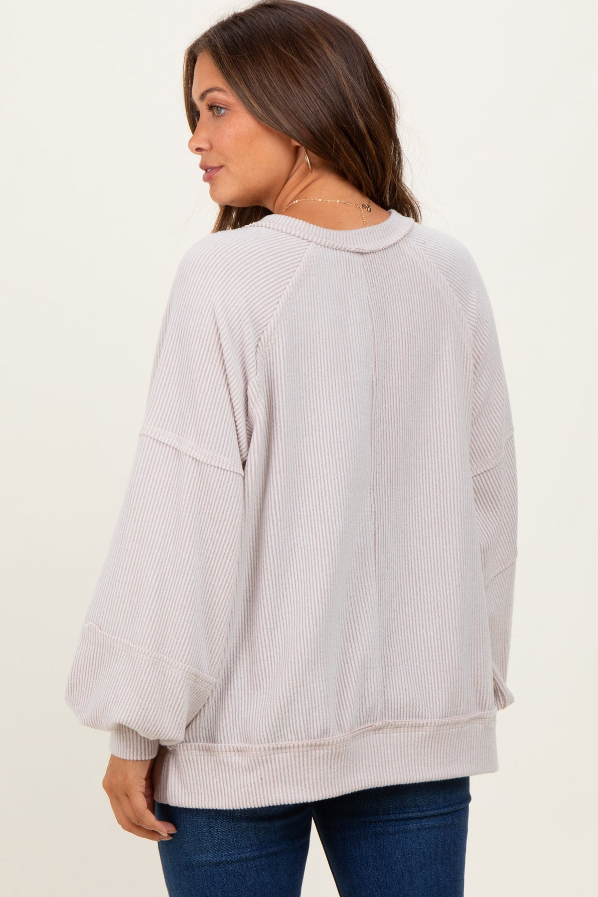 Beige Solid Rib Long Sleeve V-Neck Oversized Maternity Tunic Top