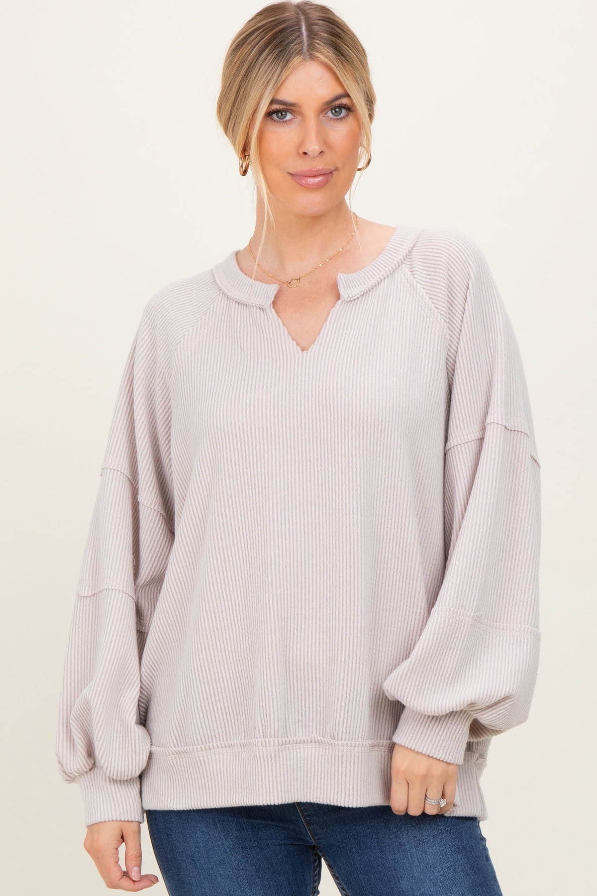 Beige Solid Rib Long Sleeve V-Neck Oversized Tunic Top
