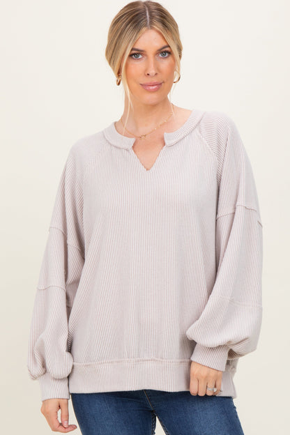 Beige Solid Rib Long Sleeve V-Neck Oversized Maternity Tunic Top