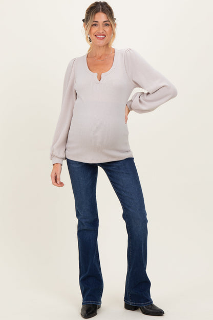 Beige Solid Ribbed Long Sleeve V-Neck Maternity Tunic Top