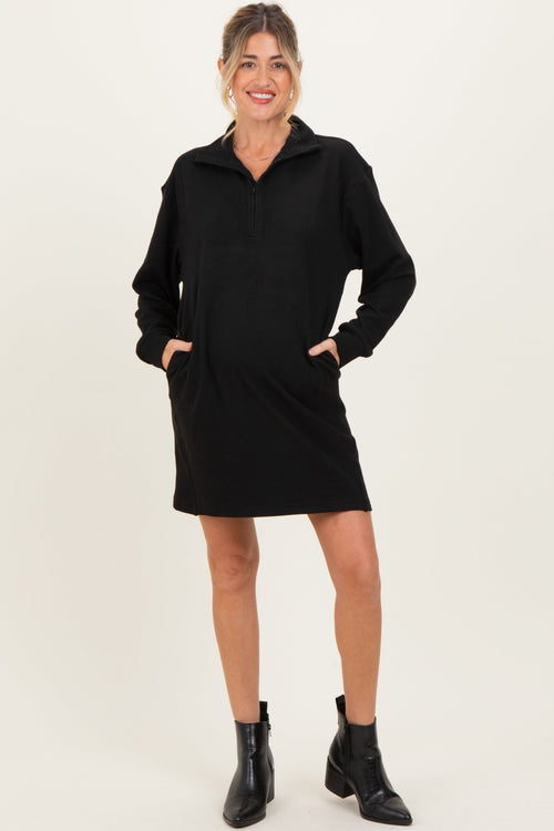 Black Brushed Quarter Zip Jersey Lounge Maternity Sweatshirt Dress