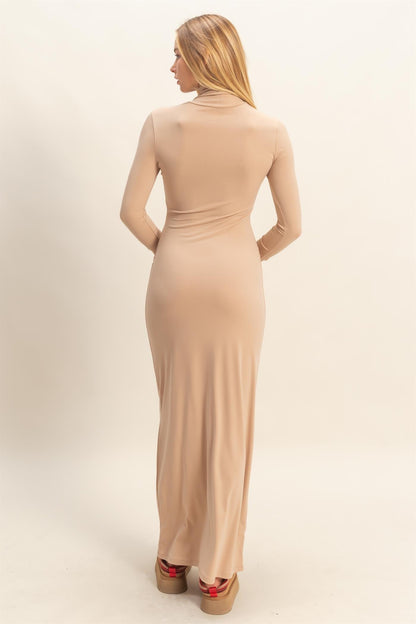 Beige Turtleneck Long Sleeve Maxi Dress