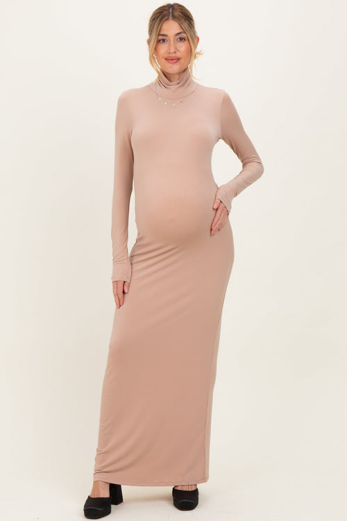 Beige Turtleneck Long Sleeve Maternity Maxi Dress