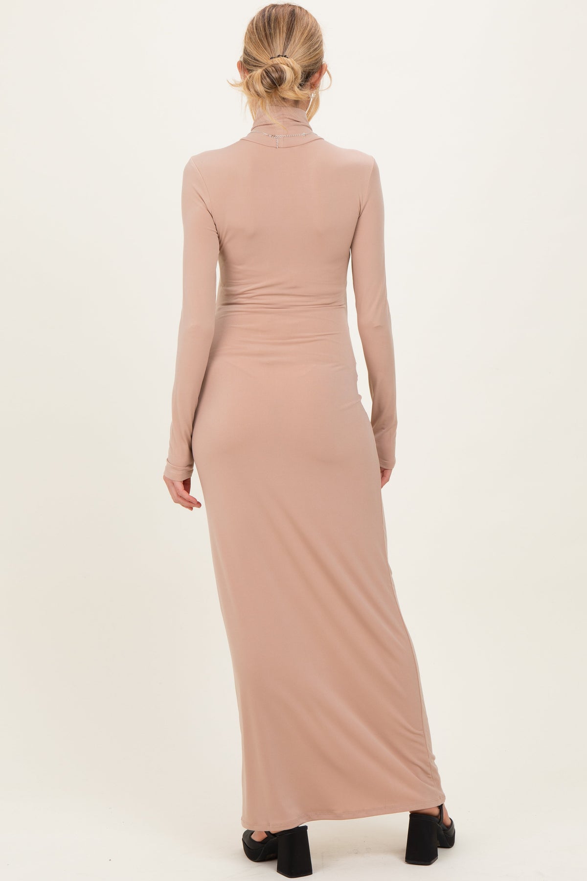 Beige Turtleneck Long Sleeve Maternity Maxi Dress