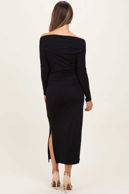Black Boat Neck Ruched Long Sleeve Maternity Midi Dress