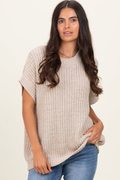 Beige Short Sleeve Round Neck Sweater