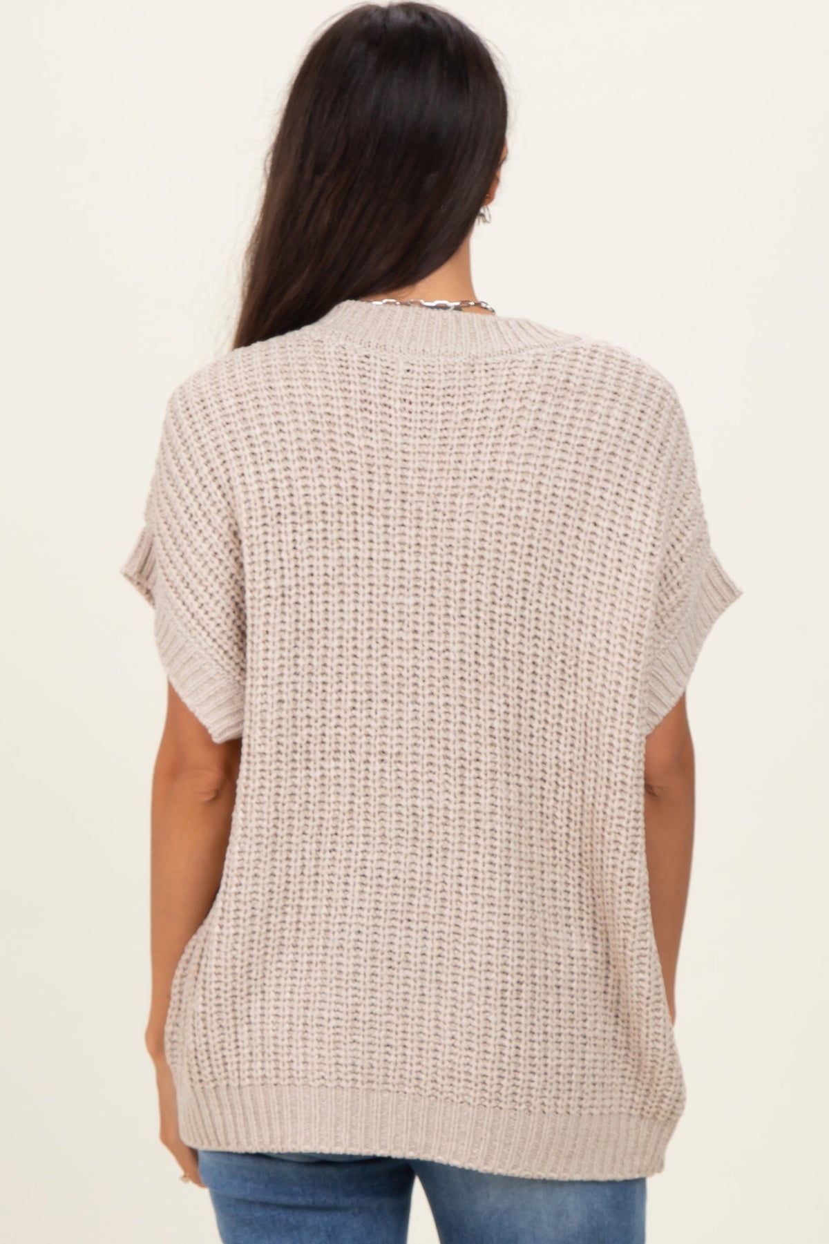 Beige Short Sleeve Round Neck Sweater