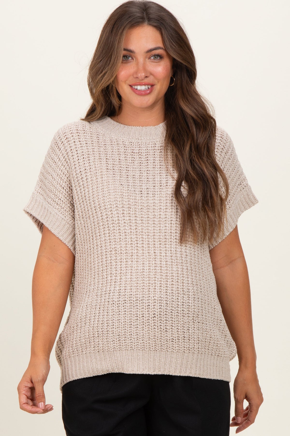 Beige Short Sleeve Round Neck Maternity Sweater