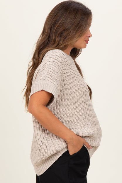 Beige Short Sleeve Round Neck Maternity Sweater