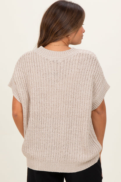 Beige Short Sleeve Round Neck Maternity Sweater