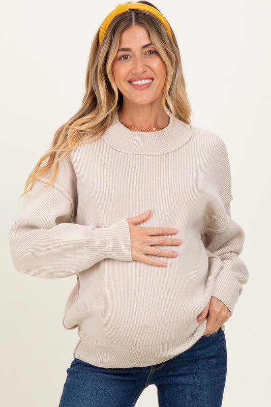 Beige Wide Neck Drop Shoulder Maternity Sweater