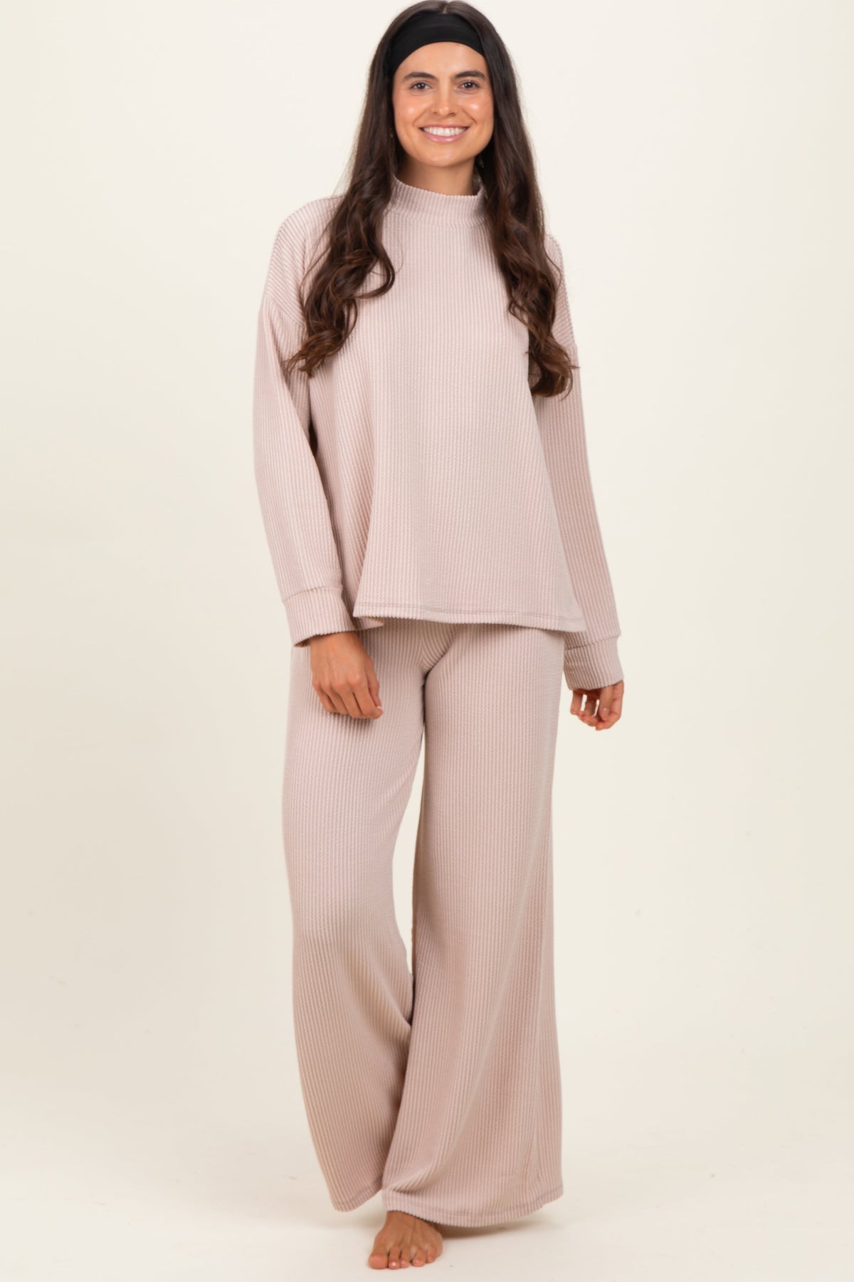 Beige Textured Rib Mock Neck Long Sleeve Pants Set