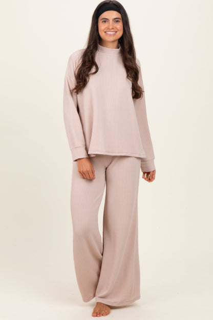 Beige Textured Rib Mock Neck Long Sleeve Pants Set
