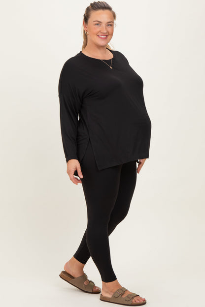 Black Brushed Knit Oversized Top and Legging Maternity Plus Set