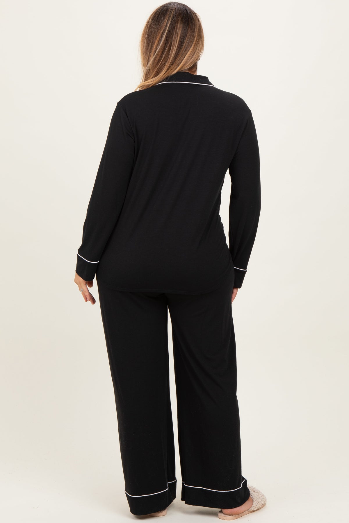 Black Button Down Top Wide Leg Pant Maternity Plus Pajama Set
