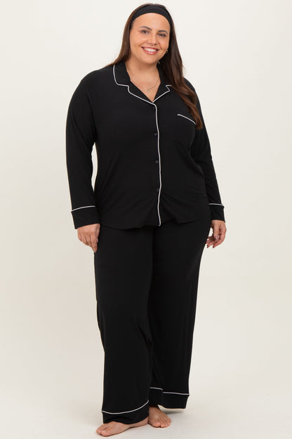 Black Button Down Top Wide Leg Pant Plus Pajama Set