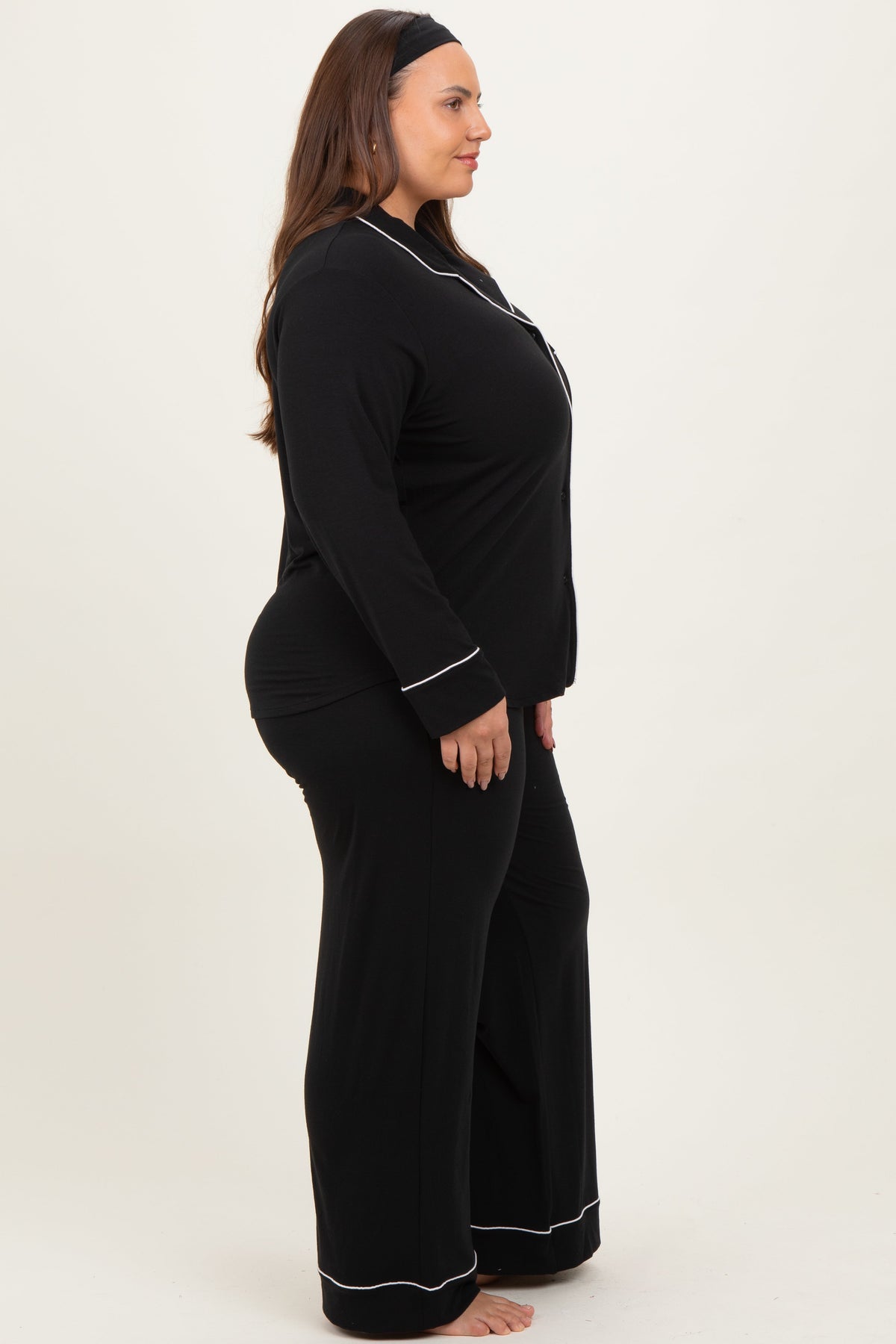 Black Button Down Top Wide Leg Pant Plus Pajama Set