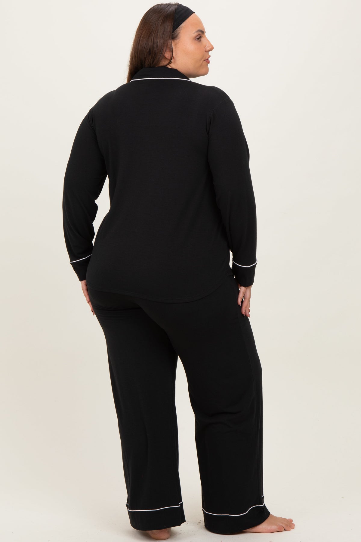 Black Button Down Top Wide Leg Pant Plus Pajama Set