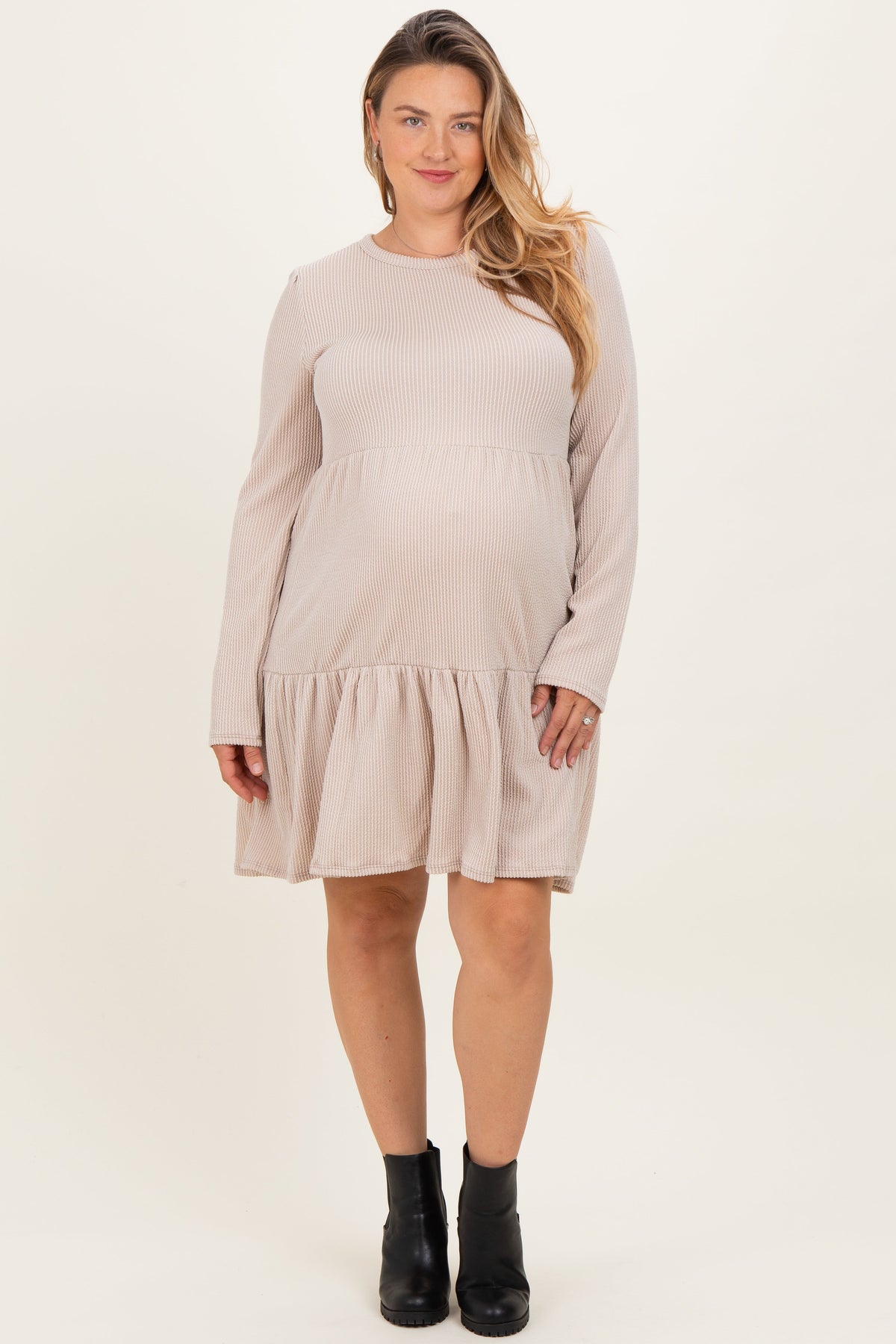 Beige Textured Rib Tiered Long Sleeve Maternity Plus Dress