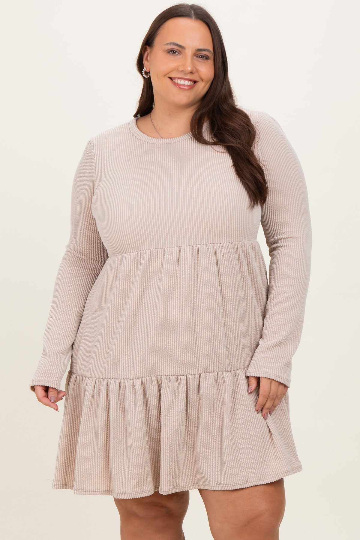 Beige Textured Rib Tiered Long Sleeve Plus Dress