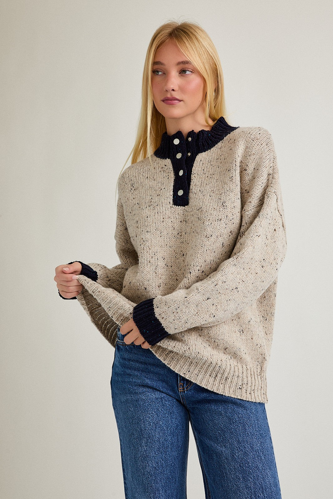 Beige Speckle Knit Snap Button Oversized Sweater