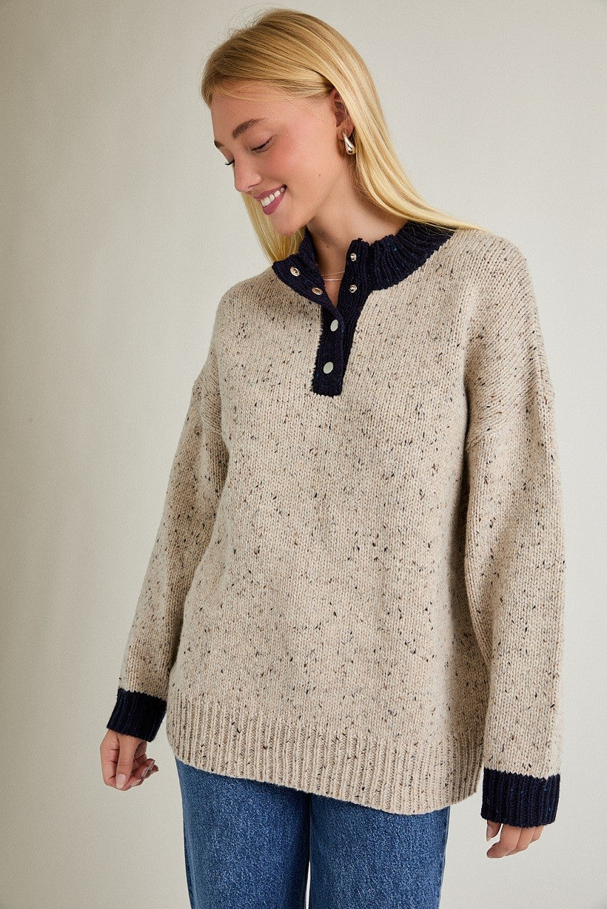 Beige Speckle Knit Snap Button Oversized Maternity Sweater