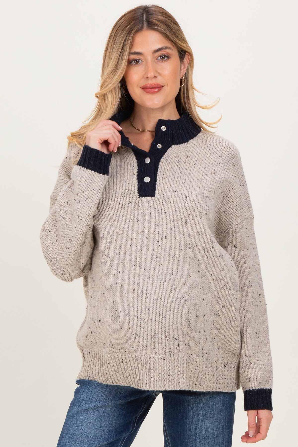 Beige Speckle Knit Snap Button Oversized Maternity Sweater