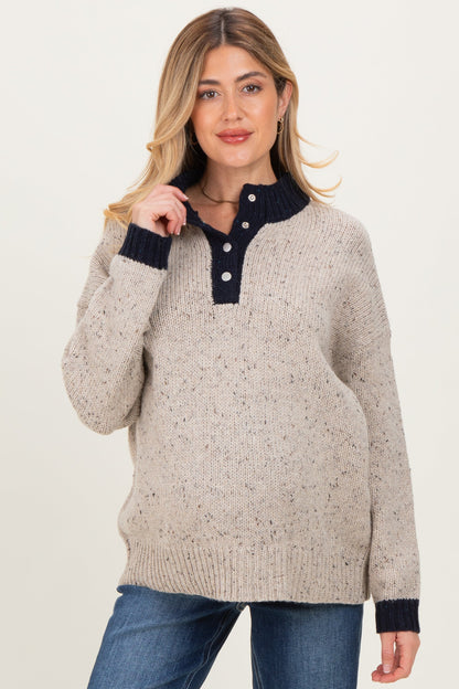 Beige Speckle Knit Snap Button Oversized Maternity Sweater